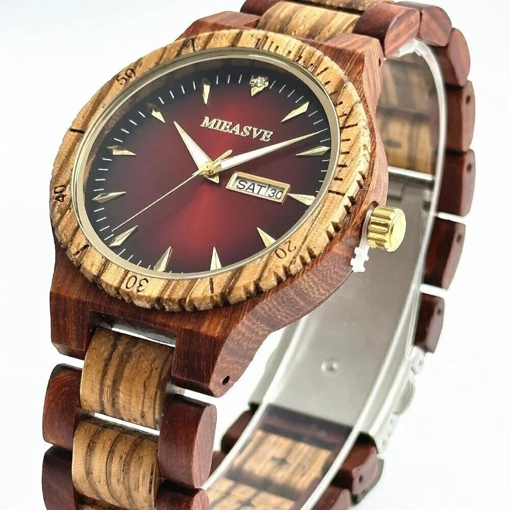 🆕Mieasve Analog Quartz Men Brown Dial Lightweight Wooden Adjusted Band Watches